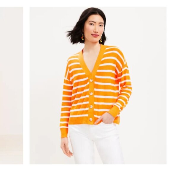Loft Orange Striped V-neck Cardigan Size Medium NWT - Picture 2 of 10